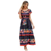 IDOPIP Women's Mexican Dress Off Shoulder Floral Print Maxi Dress M Black & Floral