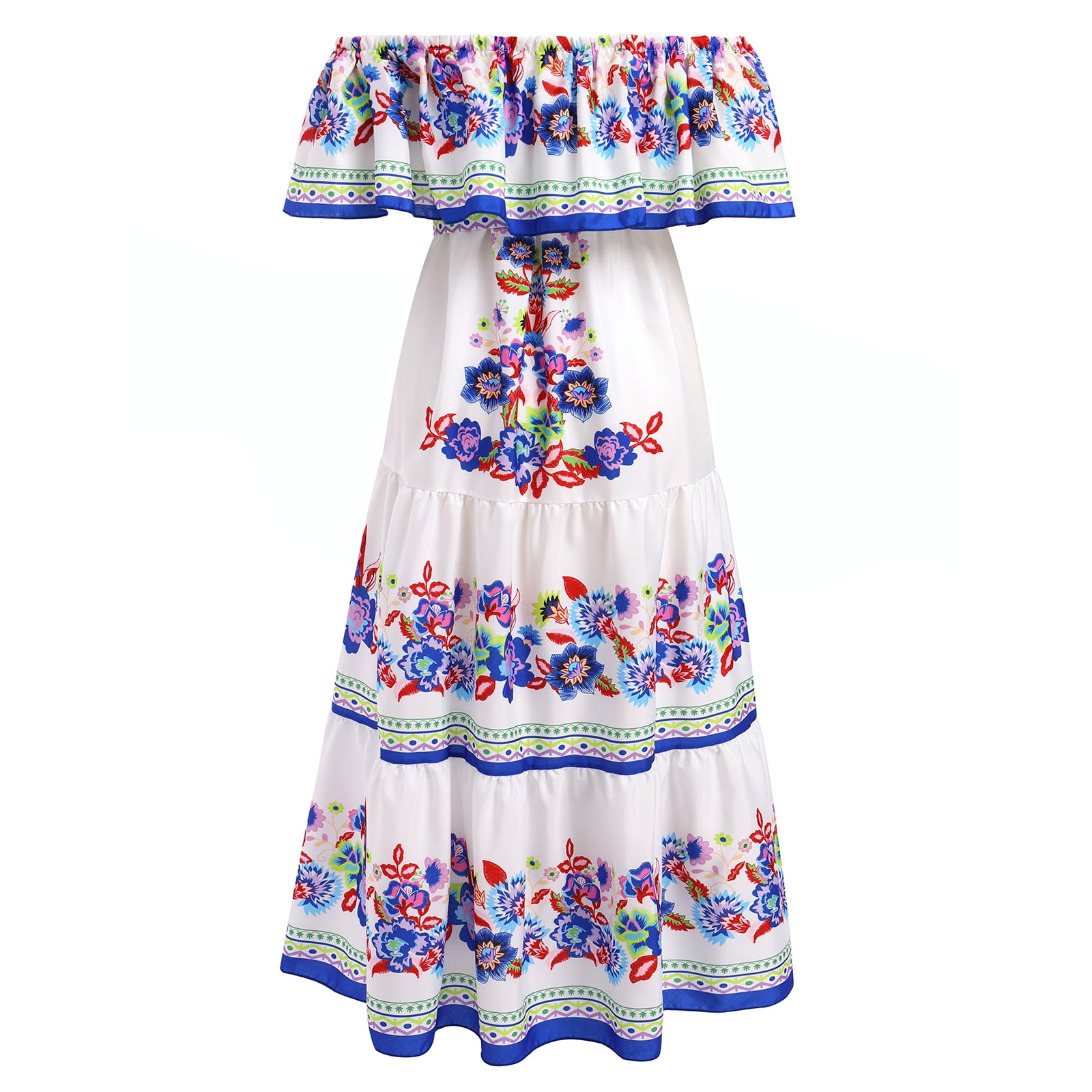 IDOPIP Women's Mexican Off Shoulder Maxi Dress, Floral Print Blue White,  Elegant Silhouette - Walmart.com