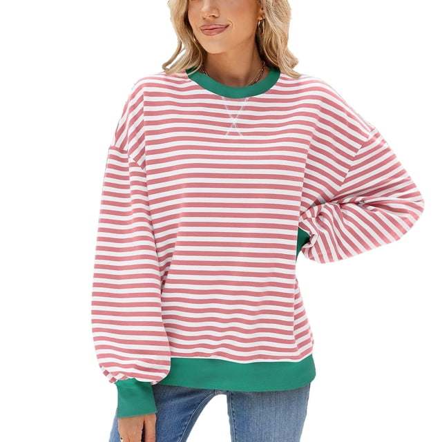IDOPIP Oversized Sweatshirt for Women 2024 Fall Crewneck Long Sleeve Color Block Striped Pullover Top