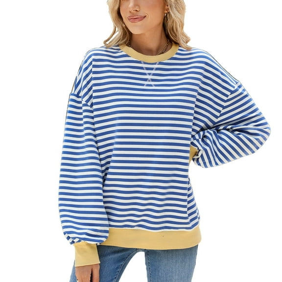 IDOPIP Oversized Sweatshirt for Women 2024 Fall Crewneck Long Sleeve Color Block Striped Pullover Top