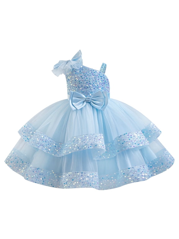 Pageant Dresses for Girls Sequin Toddler Tiered Tulle Tutu Prom Dress Wedding Birthday Formal Gown 3-4 Years Blue