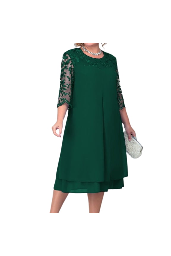 Plus Size Cocktail Dress for Curvy Women 1/2 Sleeve Floral Embroidery Wedding Guest Dress
