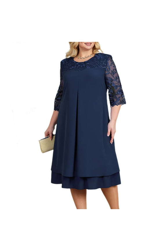 Plus Size Cocktail Dress for Curvy Women 1/2 Sleeve Floral Embroidery Wedding Guest Dress