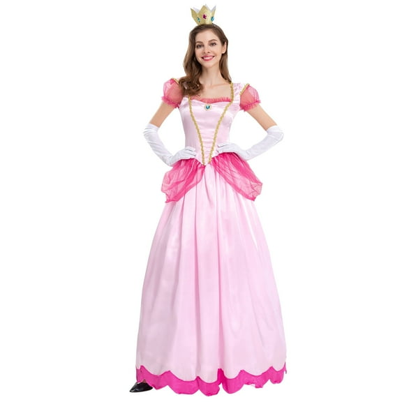 IDOPIP Princess Peach Dresses Adult with Crown and Gloves Women Pageant Long Dresses Pink Tulle Gown Carnival Dress Up for Photo Shoot Birthday Party Outfit L Pink