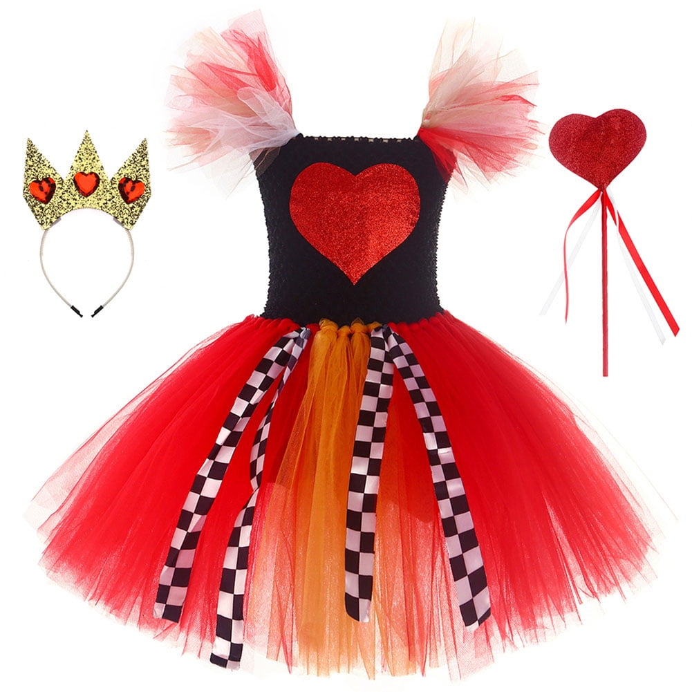 IDOPIP Queen of Hearts Costume for Girls Red Queen Dress Tutu Skirt Set with Queen Crown Headband and Magic Wand for Toddler Kids Halloween Birthday