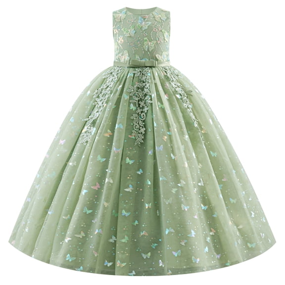 IDOPIP Sequin Flower Girl Lace Dress for Kids Wedding Pageant Formal Party Long Gown Princess Communion Tulle Dresses 7-8 Years Green Sequin Butterfly