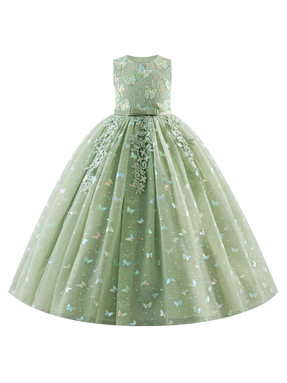 Sequin Flower Girl Lace Dress for Kids Wedding Pageant Formal Party Long Gown Princess Communion Tulle Dresses 7-8 Years Green Sequin Butterfly