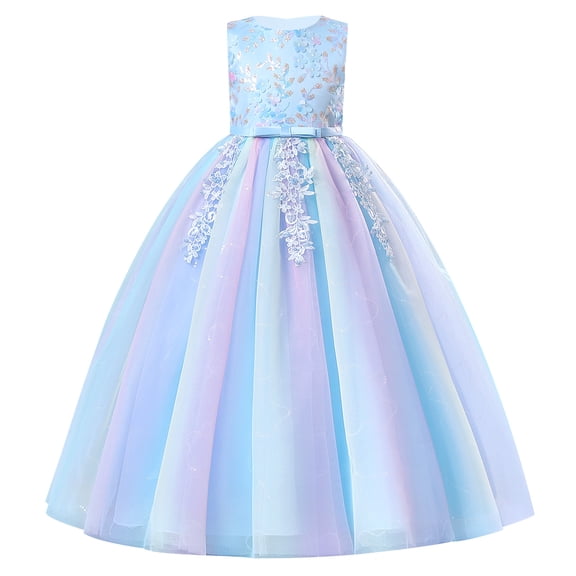 IDOPIP Sequin Flower Girl Lace Dress for Kids Wedding Pageant Formal Party Long Gown Princess Communion Tulle Dresses 3-4 Years Blue Gradient