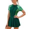 thumbnail image 1 of IDOPIP Short Sleeve Swimsuits Swim Dress Women Rash Guard One Piece Swimwear with Skirt Bathing Suit S-2XL, 1 of 10