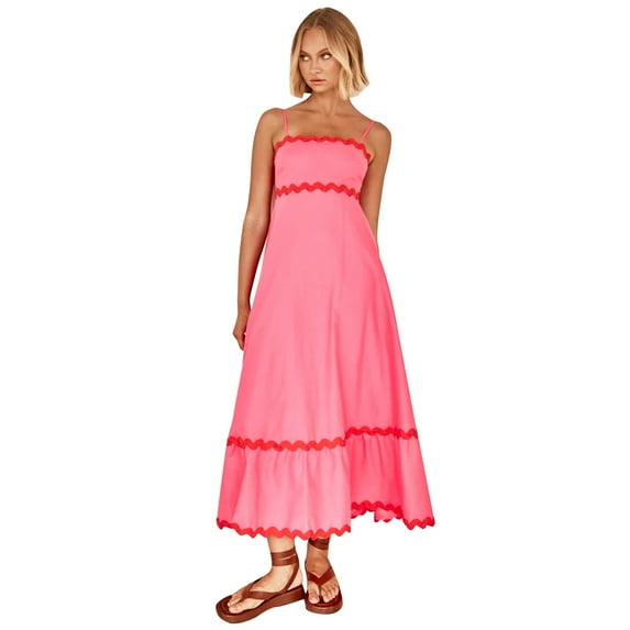 IDOPIP Summer Casual Dress for Women Elegant Spaghetti Straps Smocked Sundress L Rose Red