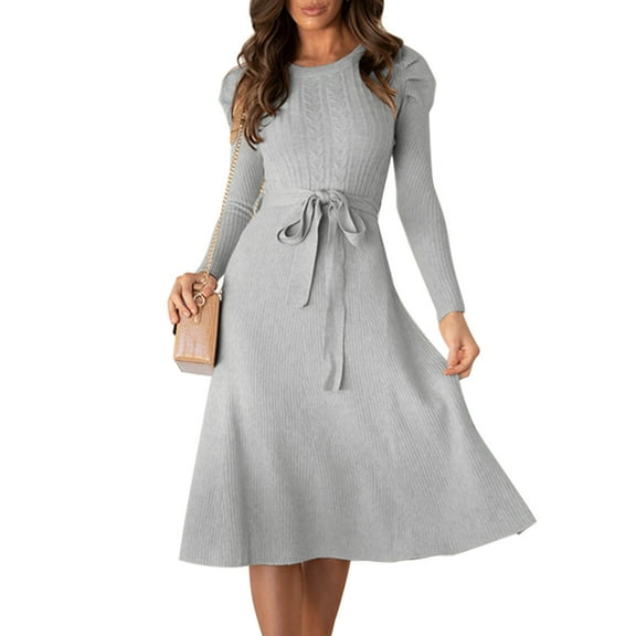 IDOPIP Sweater Dresses for Women Long Sleeve Ribbed Knit Midi Dress with Belt Wedding Guest Dresses