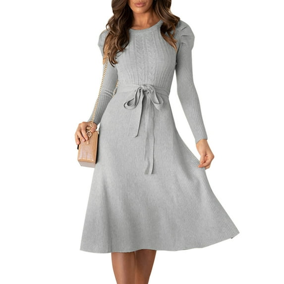 IDOPIP Sweater Dresses for Women Long Sleeve Ribbed Knit Midi Dress with Belt Wedding Guest Dresses