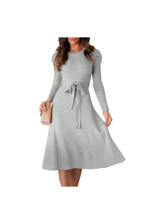Sweater Dresses for Women Long Sleeve Ribbed Knit Midi Dress with Belt Wedding Guest Dresses