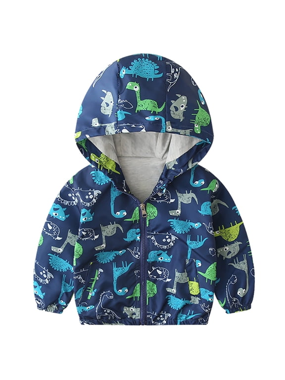 Toddler Baby Boys Girls Hooded Jacket Windbreaker Dinosaur Print Coat Kids Summer Autumn Long Sleeve Zip Up Lightweight Windproof Outwear 18-24 Months Blue