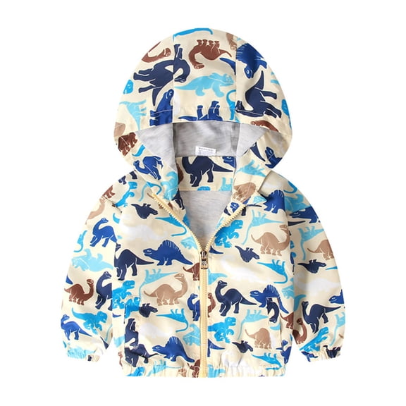 IDOPIP Toddler Baby Boys Girls Hooded Jacket Windbreaker Dinosaur Print Coat Kids Summer Autumn Long Sleeve Zip Up Lightweight Windproof Outwear 2-3 Years White