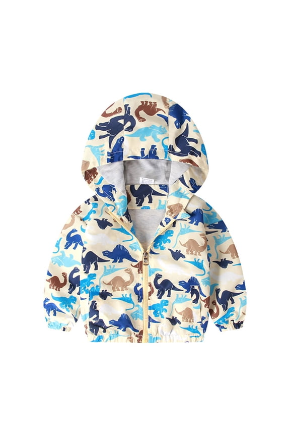Toddler Baby Boys Girls Hooded Jacket Windbreaker Dinosaur Print Coat Kids Summer Autumn Long Sleeve Zip Up Lightweight Windproof Outwear 3-4 Years White