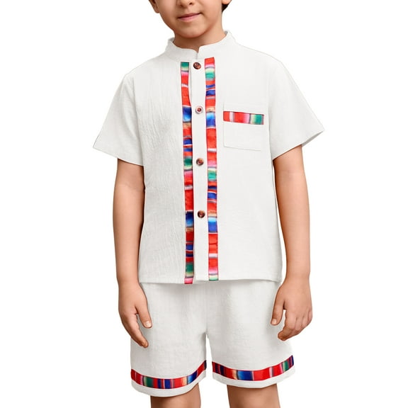 IDOPIP Toddler Baby Boys Mexican Outfits Short Sleeve Button Up Shirt+Shorts Traditional Ethnic Wear