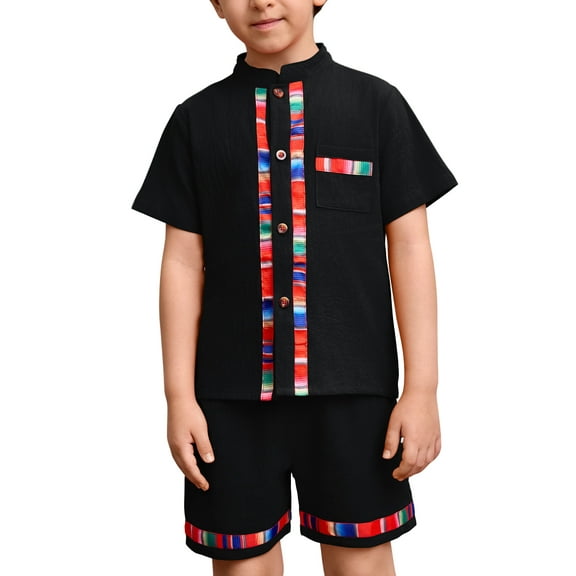IDOPIP Toddler Baby Boys Mexican Outfits Short Sleeve Button Up Shirt+Shorts Traditional Ethnic Wear