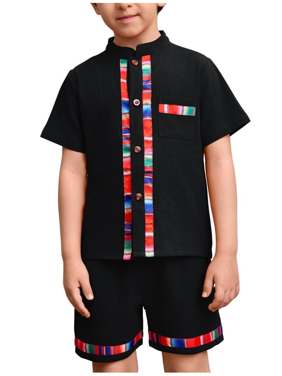 Toddler Baby Boys Mexican Outfits Short Sleeve Button Up Shirt+Shorts Traditional Ethnic Wear