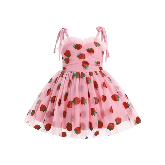 IDOPIP Toddler Baby Girl Dress Birthday Valentine Outfit Ruffle Heart Tulle Tutu Dress Flower Girl Cake Smash Dresses 5-6 Years Pink Strawberry