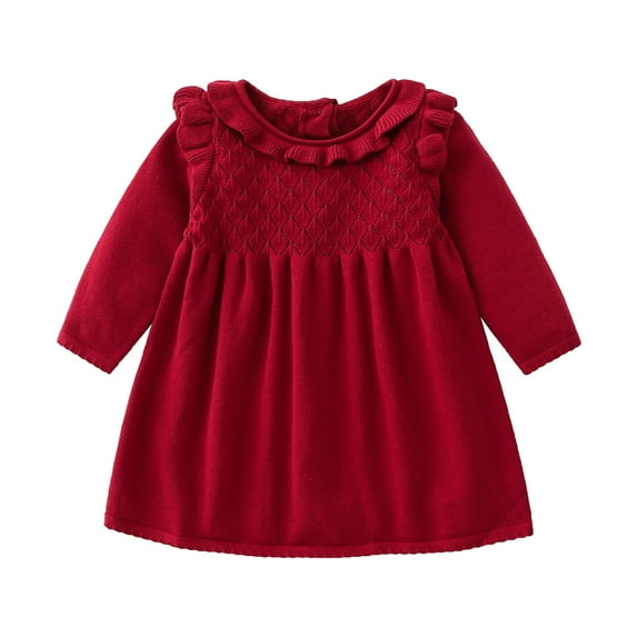 IDOPIP Toddler Baby Girl Knit Sweater Dress Long Sleeve Ribbed Ruffle Dress Infant Fall Winter Outfit