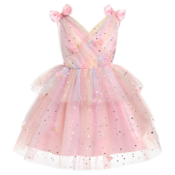 IDOPIP Toddler Baby Girls Butterfly Birthday Dress 3D Butterfly Wedding Party Ruffle Tutu Dresses