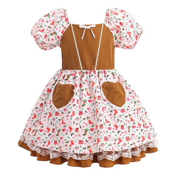 IDOPIP Toddler Baby Girls Christmas Dress Short Puff Sleeve Printed Smocked Skater Dress
