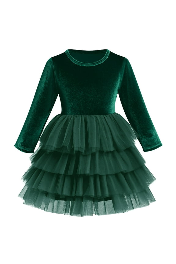 Toddler Baby Girls Christmas Velvet Dress Long Sleeve Ruffle Tulle Princess Dress