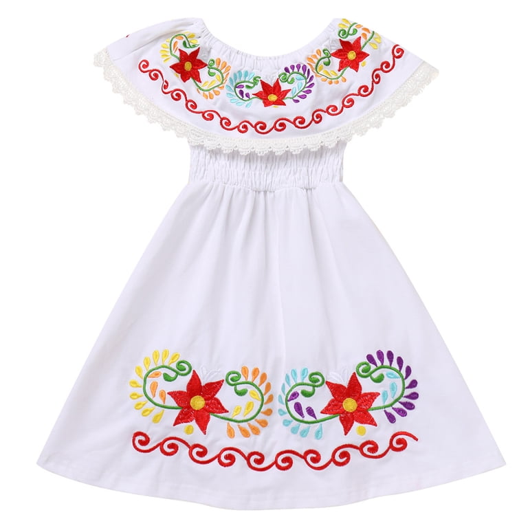 IDOPIP Toddler Baby Girls Floral Embroidered Mexican Dress Ethnic Wear Off- Shoulder Sundress 12-18 Months White - Walmart.com