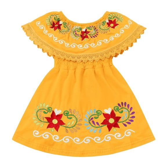 IDOPIP Toddler Baby Girls Floral Embroidered Mexican Dress Ethnic Wear Off-Shoulder Sundress 12-18 Months Yellow