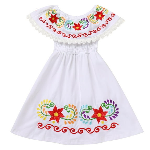 IDOPIP Toddler Baby Girls Floral Embroidered Mexican Dress Ethnic Wear Off-Shoulder Sundress 18-24 Months White
