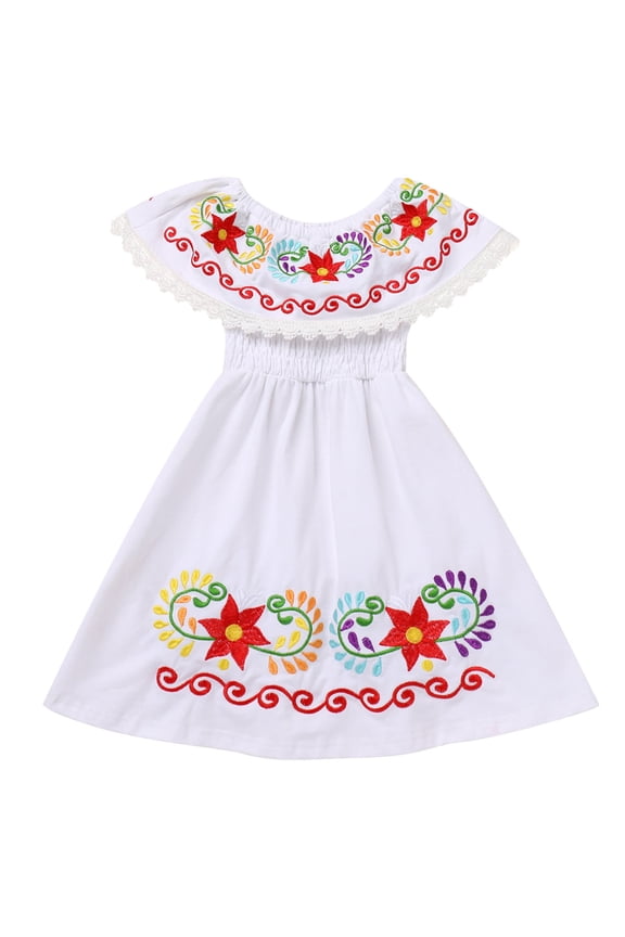 Toddler Baby Girls Floral Embroidered Mexican Dress Ethnic Wear Off-Shoulder Sundress 18-24 Months White