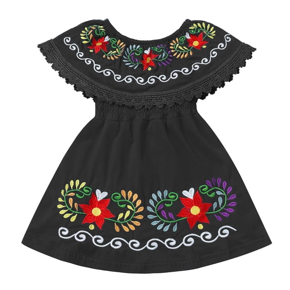 IDOPIP Toddler Baby Girls Floral Embroidered Mexican Dress Ethnic Wear Off-Shoulder Sundress 18-24 Months,Black