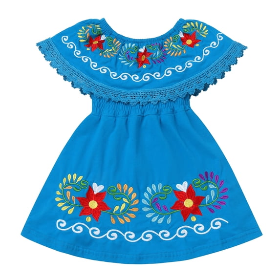 IDOPIP Toddler Baby Girls Floral Embroidered Mexican Dress Ethnic Wear Off-Shoulder Sundress 3-4 Years,Blue