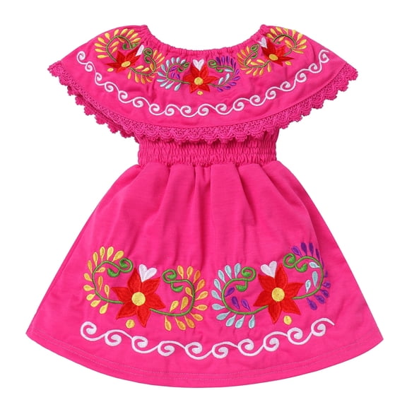 IDOPIP Toddler Baby Girls Floral Embroidered Mexican Dress Ethnic Wear Off-Shoulder Sundress 3-4 Years,Hot Pink