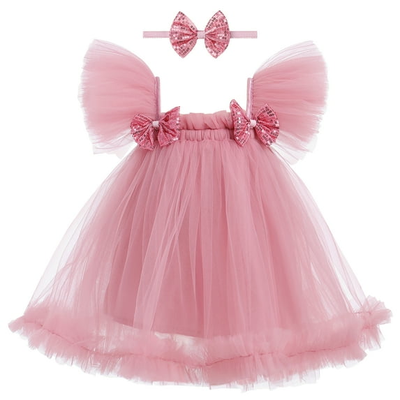 IDOPIP Toddler Baby Girls Sequins Bow Tie Tutu Dress Rainbow Ruffle Tulle Princess Dress with Headband