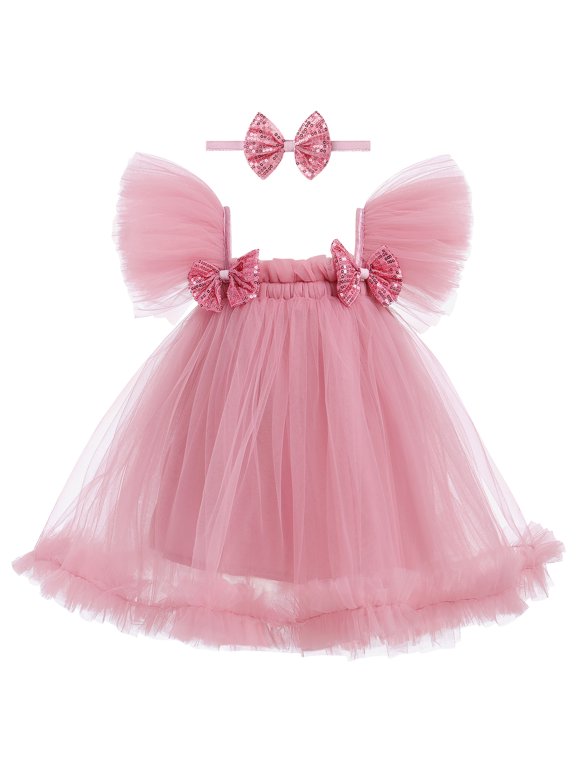 Toddler Baby Girls Sequins Bow Tie Tutu Dress Rainbow Ruffle Tulle Princess Dress with Headband