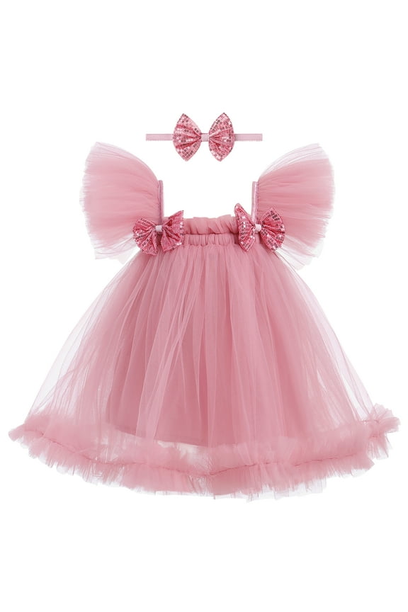 Toddler Baby Girls Sequins Bow Tie Tutu Dress Rainbow Ruffle Tulle Princess Dress with Headband