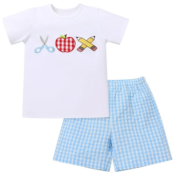 IDOPIP Toddler Boys Back to School Clothes Set Funny Pattern T Shirt Gingham Shorts Boys Summer Outfits