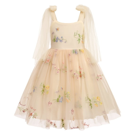 IDOPIP Toddler Flower Girl Dress Spaghetti Straps Floral Embroidered Tulle Dress Tea Party fairy dress