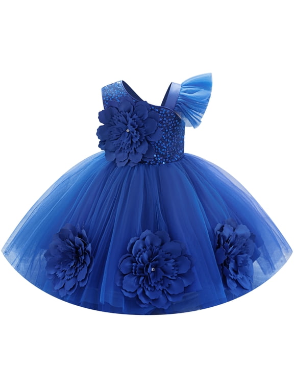 Toddler Flower Girl Dress Wedding Pageant Sparkle Sequin 3D Flowers Dress Asymmetric Shoulder Birthday Formal Tutu Dresses Party Gown 6-7 Years Blue