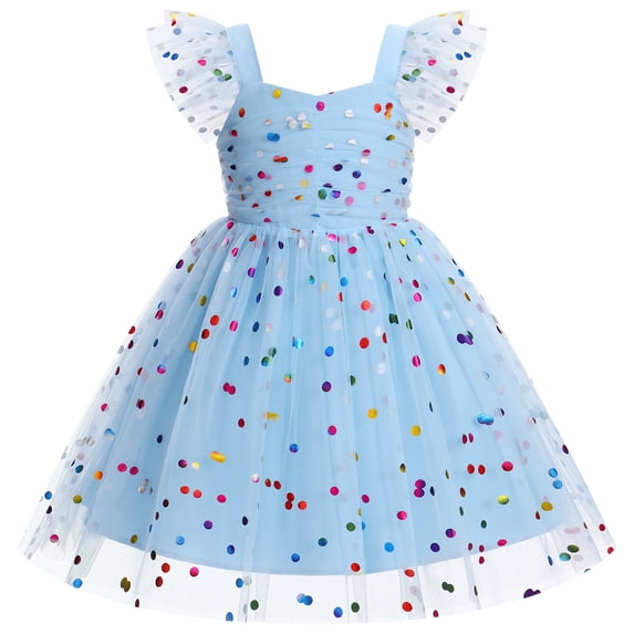 IDOPIP Toddler Flower Girls Baby Sleeveless Tulle Tutu Dress Birthday Dresses Smocked Back Pageant Formal Princess Ball Gown Party Wedding Guest Outfit Prom 2-3 Years Blue