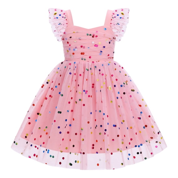 IDOPIP Toddler Flower Girls Baby Sleeveless Tulle Tutu Dress Birthday Dresses Smocked Back Pageant Formal Princess Ball Gown Party Wedding Guest Outfit Prom 3-4 Years Pink