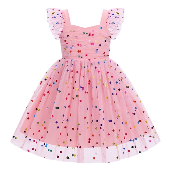 IDOPIP Toddler Flower Girls Baby Sleeveless Tulle Tutu Dress Birthday Dresses Smocked Back Pageant Formal Princess Ball Gown Party Wedding Guest Outfit Prom 3-4 Years Pink