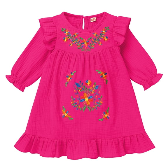 IDOPIP Toddler Girl Mexican Dress Long Sleeve Floral Embroidery Dress Traditional Ethnic Casual Dress