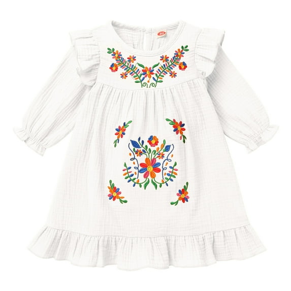 IDOPIP Toddler Girl Mexican Dress Long Sleeve Floral Embroidery Dress Traditional Ethnic Casual Dress