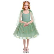 IDOPIP Toddler Girls Flower Embroidered Baby Princess Dress Spaghetti Straps Tulle Tutu Wedding Pageant Dress 5-6 Years Green