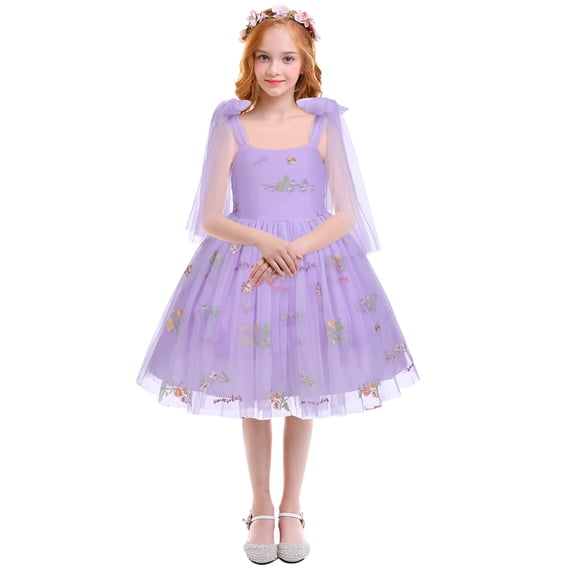 IDOPIP Toddler Girls Flower Embroidered Baby Princess Dress Spaghetti Straps Tulle Tutu Wedding Pageant Dress 12-18 Months Purple