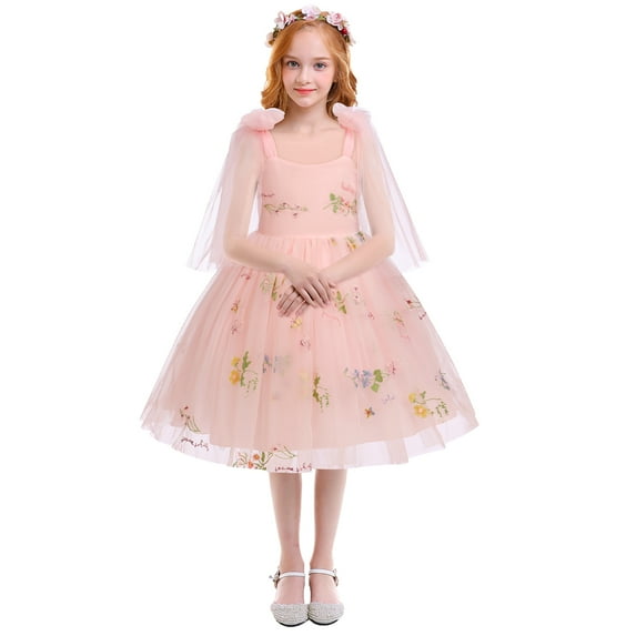 IDOPIP Toddler Girls Flower Embroidered Princess Dress Spaghetti Straps Tulle Tutu Wedding Pageant Dress
