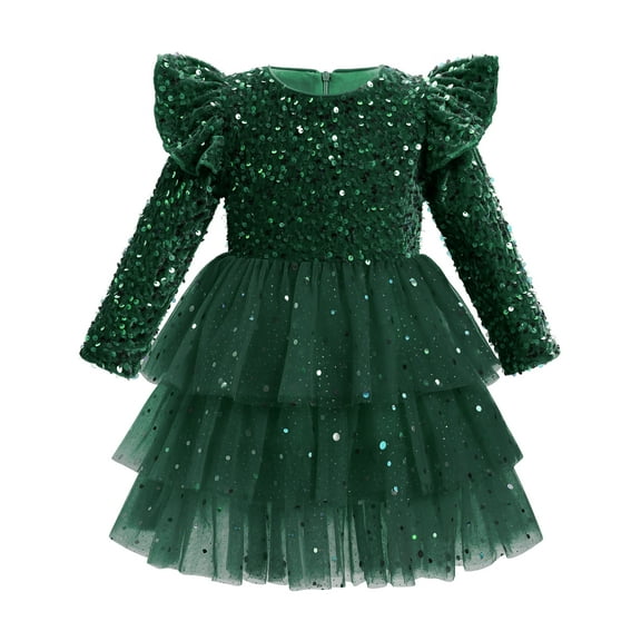 IDOPIP Toddler Girls Sequins Velvet Tutu Dress Glitter Christmas Tiered Mesh Dress 18-24 Month Green